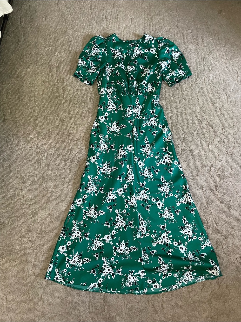ASOS satin Green Floral Midi Dress - Elegant Puff Sleeve Summer Dress